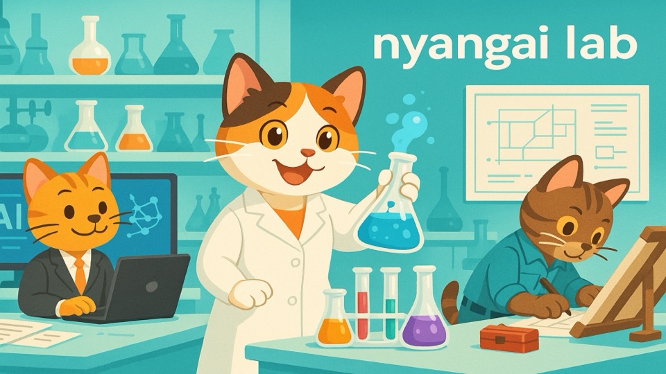 nyangai labのイラスト：白衣を着た猫がAI英語学習アプリの教材（単語・フレーズ）を実験室で作っている様子
